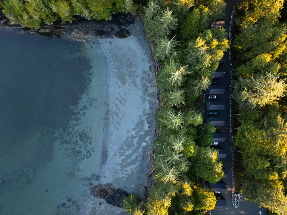 Aerial view of Terrace Beach's curved shoreline in Ucluelet