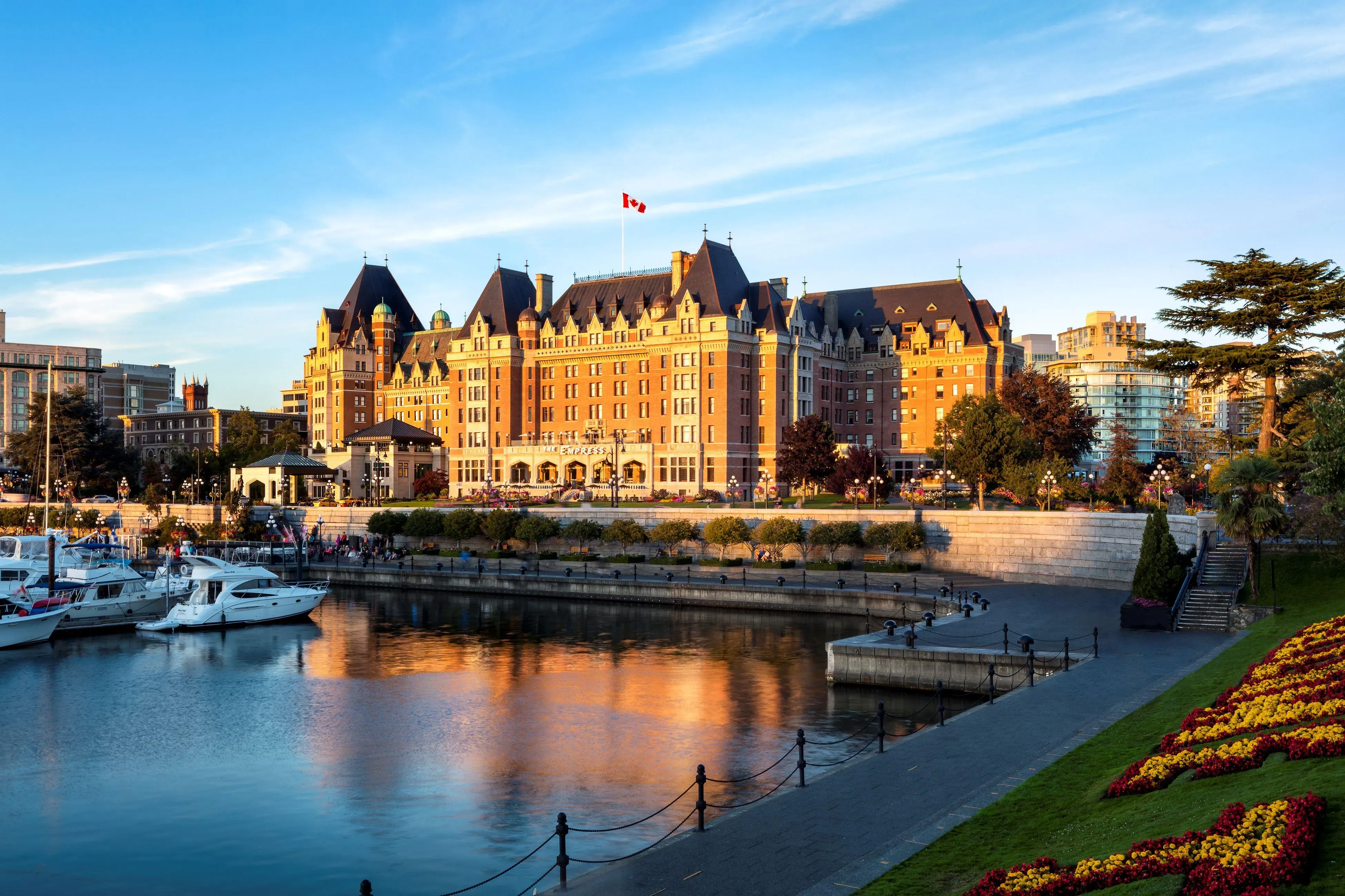 Fairmont Empress hotel viewed from Victoria's Inner Harbour, near the Harbour Air terminal