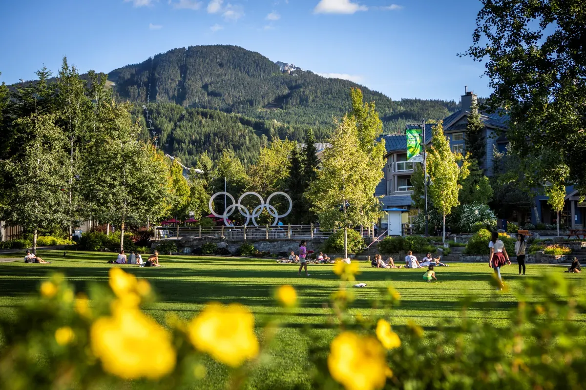 Whistler Village pedestrian plaza with shops and  restaurants in British Columbia