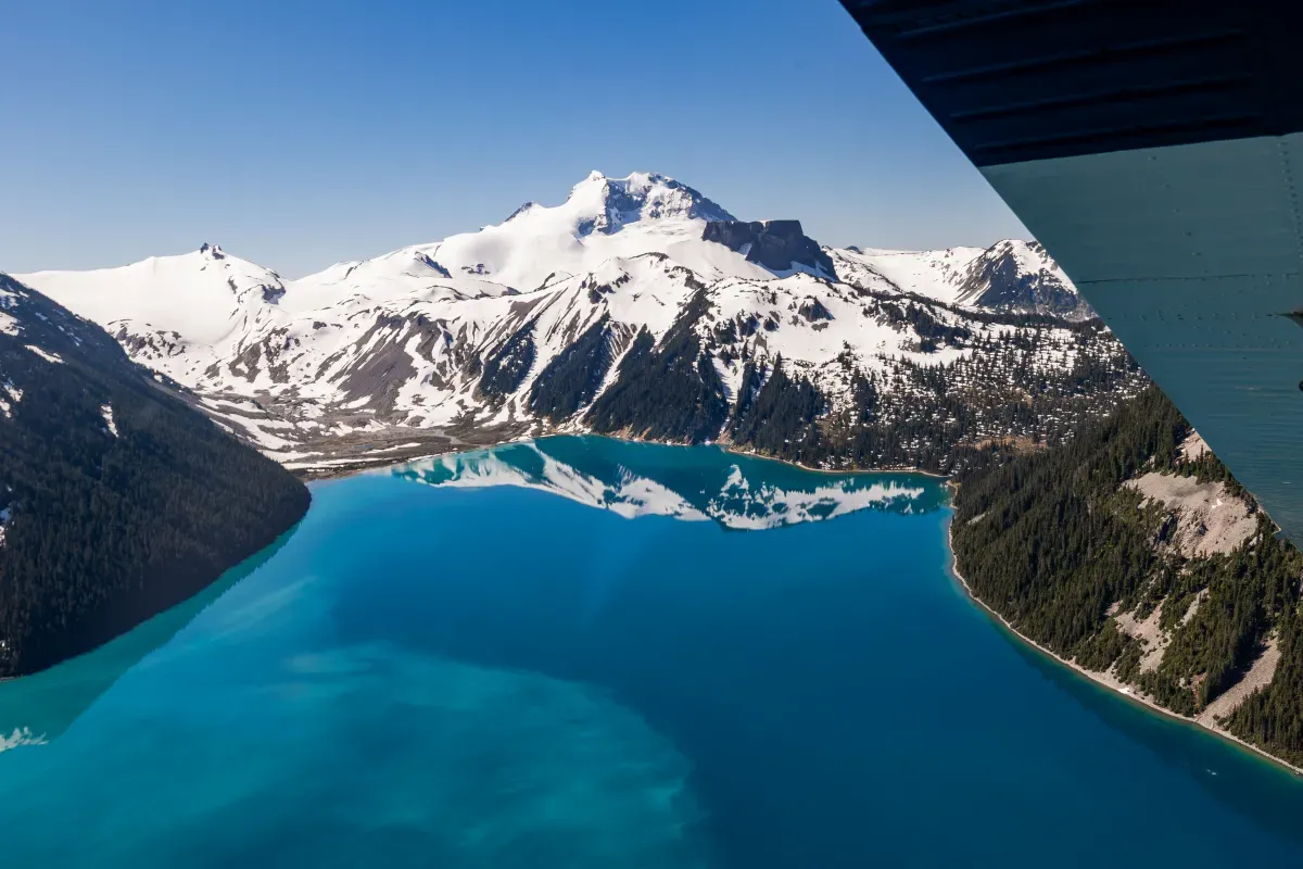 Aerial view of Garibaldi Lake from a Harbour Air  seaplane flying over Whistler BC mountains